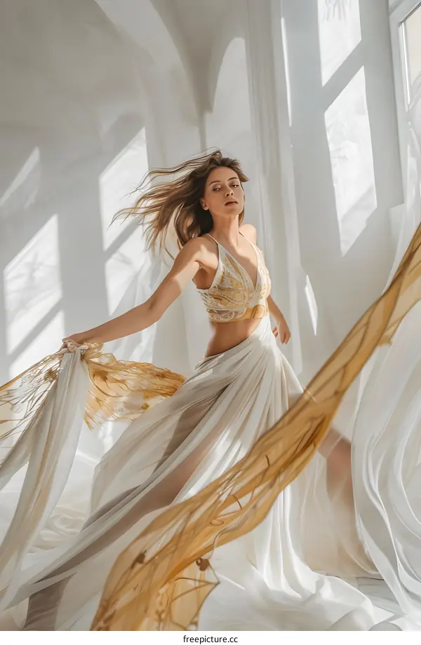 Young woman dancing in a white dress