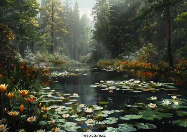 Enchanted Forest Lake with Blooming Water Lilies