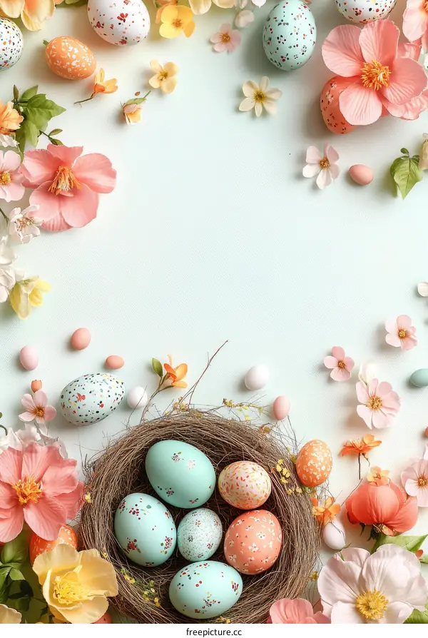 Easter Eggs in a Nest with Flowers