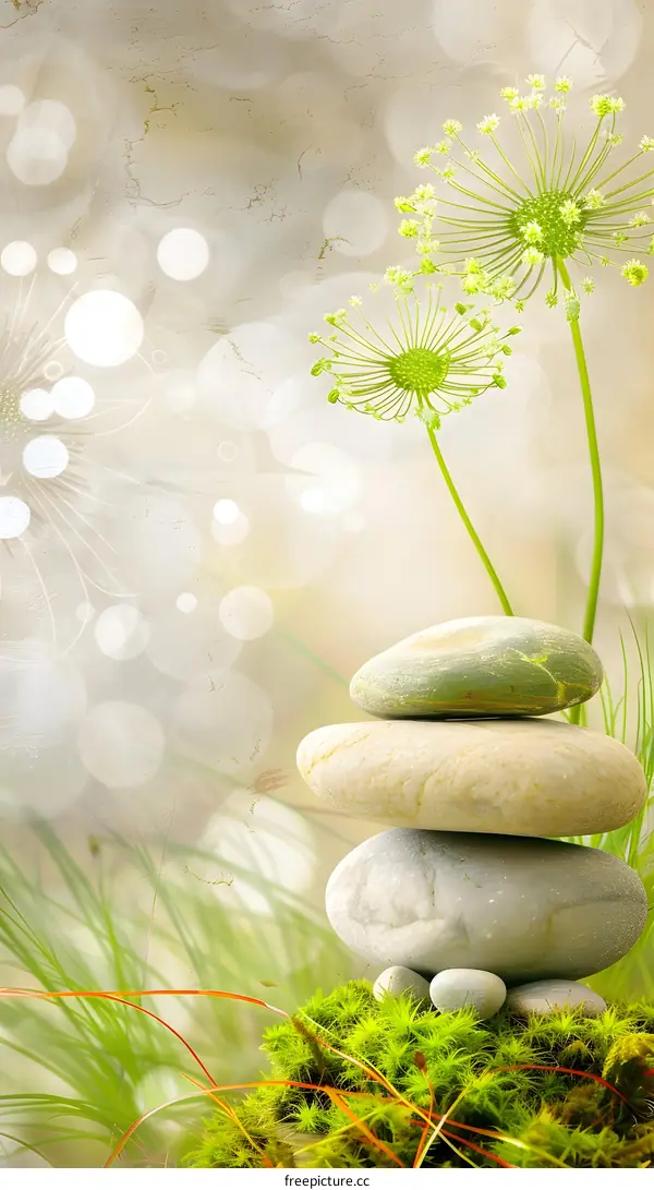 Green Grass Stones And Flowers Abstract Background