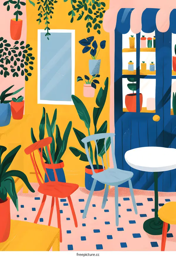 Colorful Illustration of a Cafe Interior with Plants and Chairs