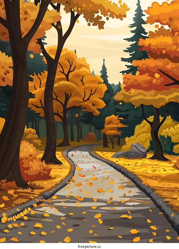Autumn Forest Path with Falling Leaves