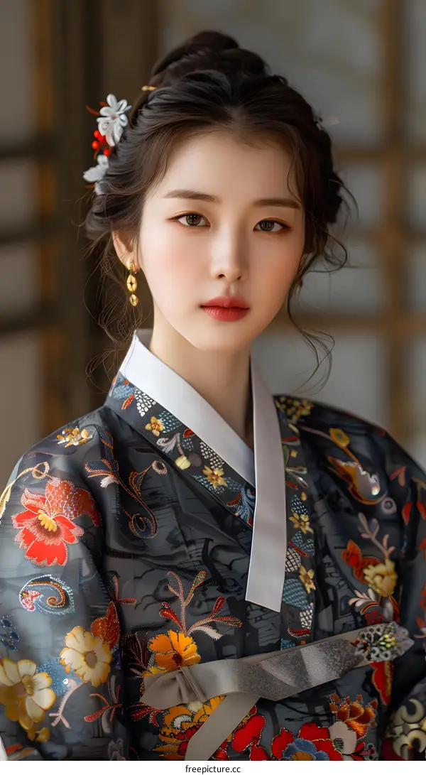 Portrait of a young woman in traditional Korean dress, or Hanbok