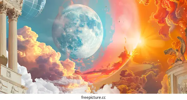 Surreal Collage with Clouds, Planets, and Architectural Elements