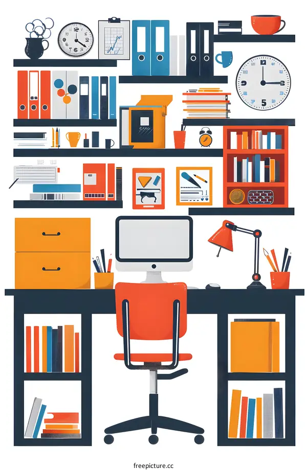 Home Office Illustration with Desk, Shelves and Supplies