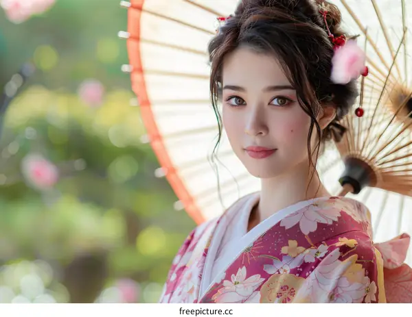 Portrait of a beautiful Japanese woman in traditional kimono