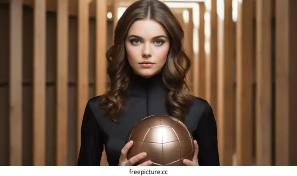 Portrait of a young female athlete holding a bronze ball