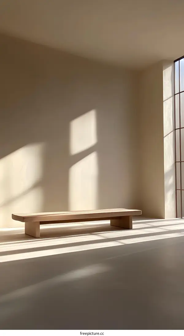Minimalist Wooden Bench in a Modern Room with Sunlight