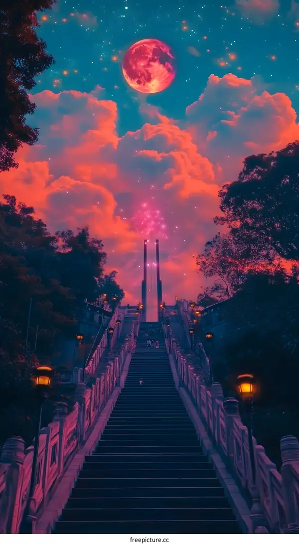 Steps to the Sky at Night with a Red Moon