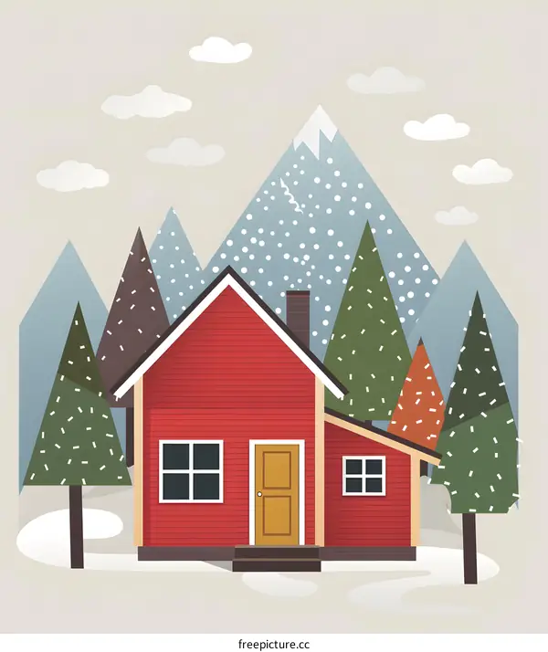Red Cabin in Snowy Mountain Landscape