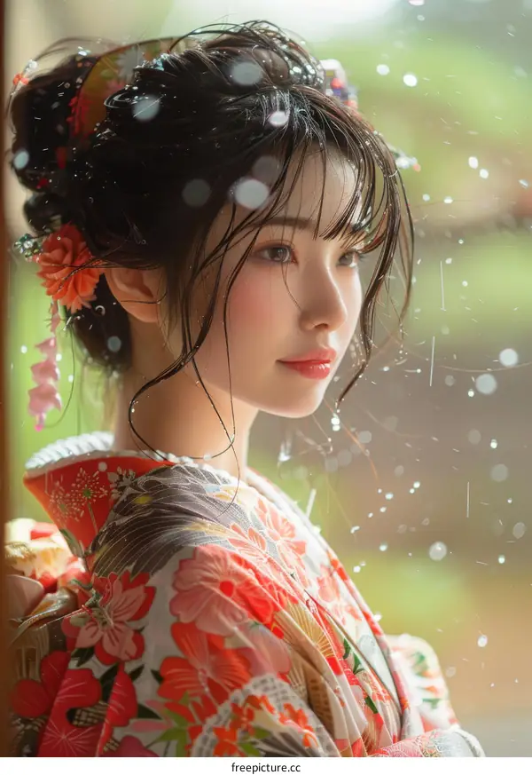 Portrait of a beautiful Asian woman in traditional Japanese kimono with pink flowers in her hair