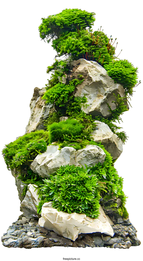 [Transparent Background PNG]Green Moss and Stone Rock Formation on White Background
