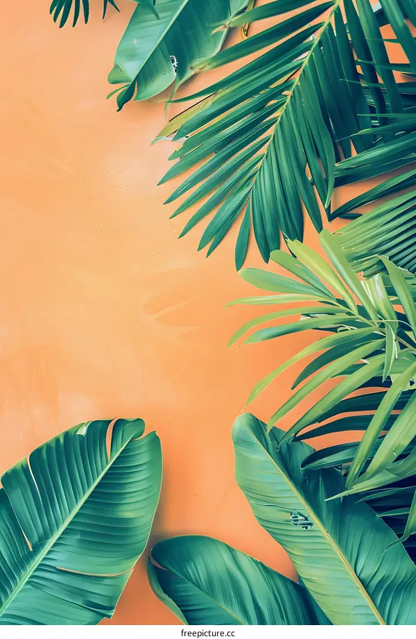 Tropical Leaves on Orange Background