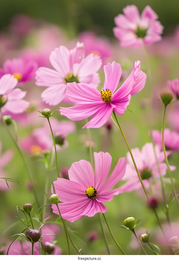 Pink Cosmos Flowers Blooming in a Garden