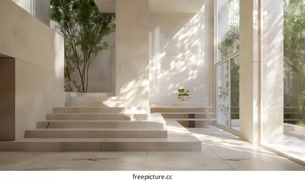 Minimalist Interior Design With Concrete Stairs and Sunlight
