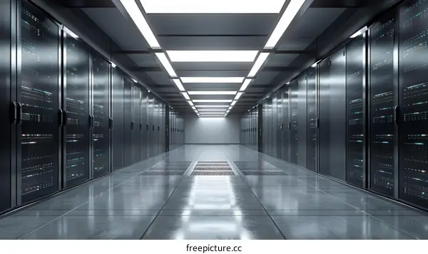 Futuristic data center with rows of server racks