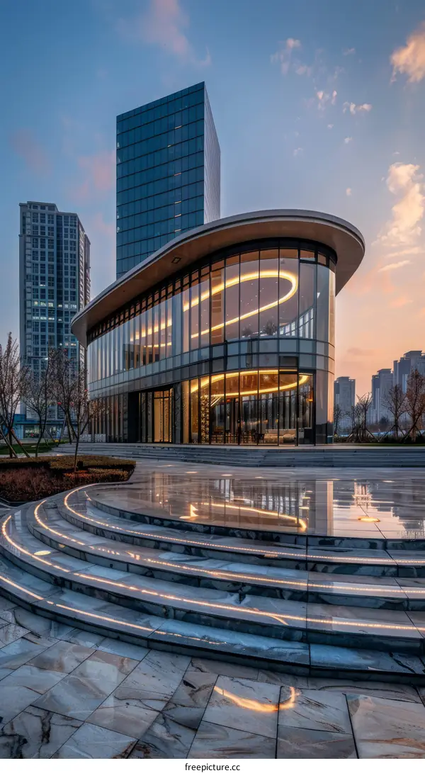 Modern Office Building with Curved Glass Facade and Sky Reflections