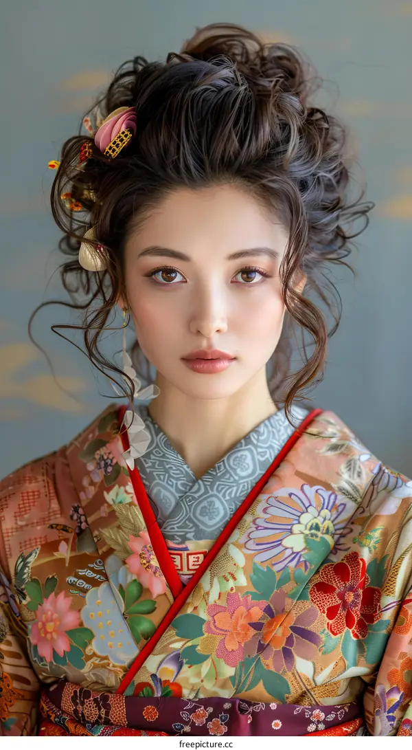 Portrait of a beautiful Japanese woman in traditional kimono