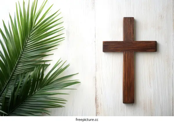 Wooden Cross on White Wooden Background with Palm Leaves