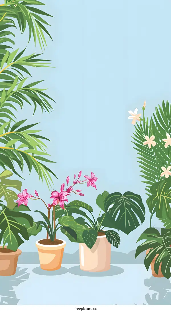 Tropical Plants with Blue Background Illustration