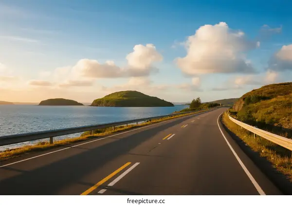 Scenic coastal road with clear sky and calm sea
