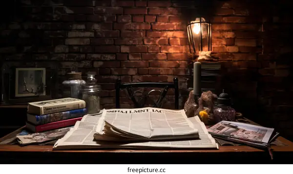 Vintage desk with books, lamp, candle and jars