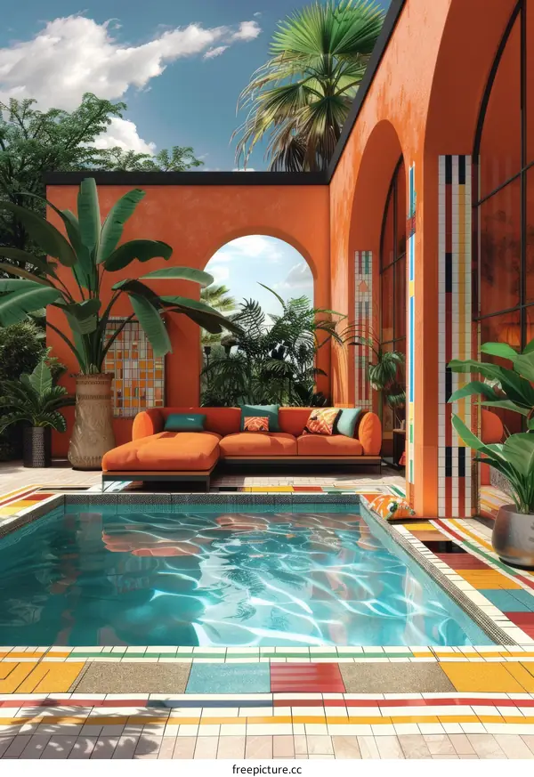 Vibrant Moroccan Courtyard with Pool and Colorful Tiles