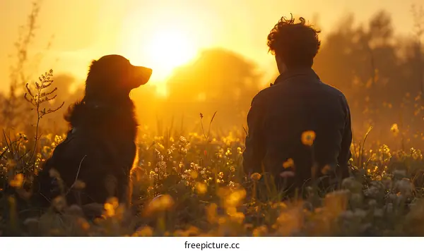 Man and dog watching the sunset in a field of flowers