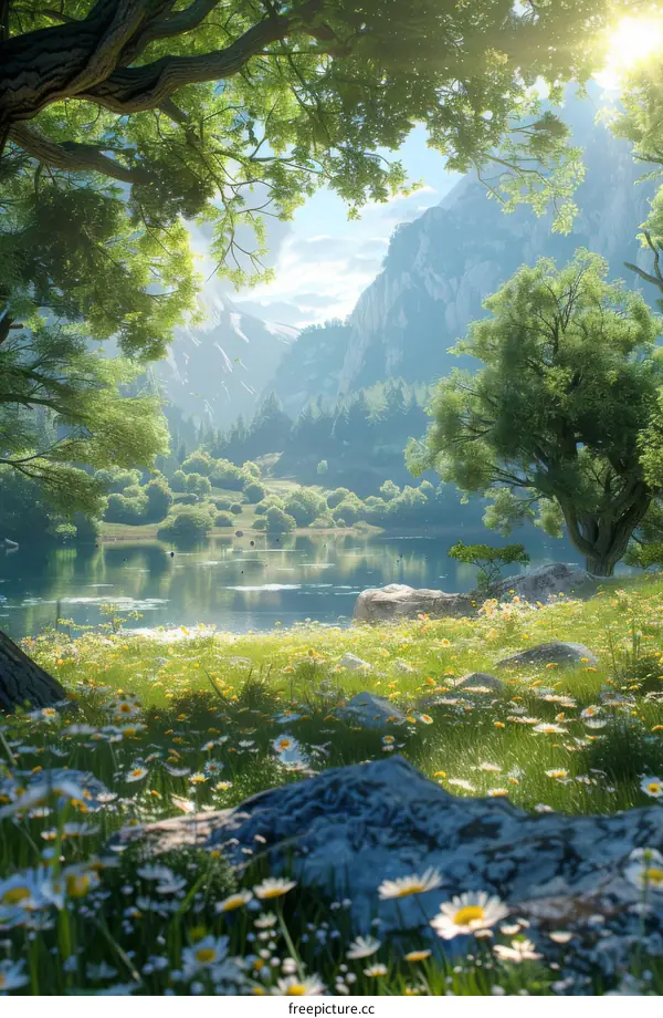 Tranquil Forest Lake with Sunlit Mountains