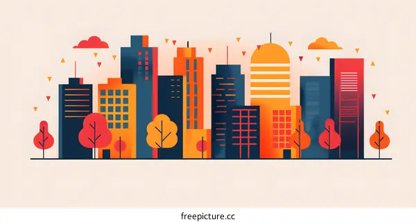 Cityscape with Buildings and Trees in Flat Design Style