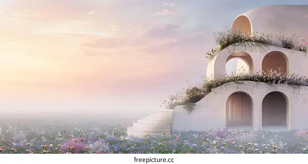 Modern Architecture with Flowers and Sunrise