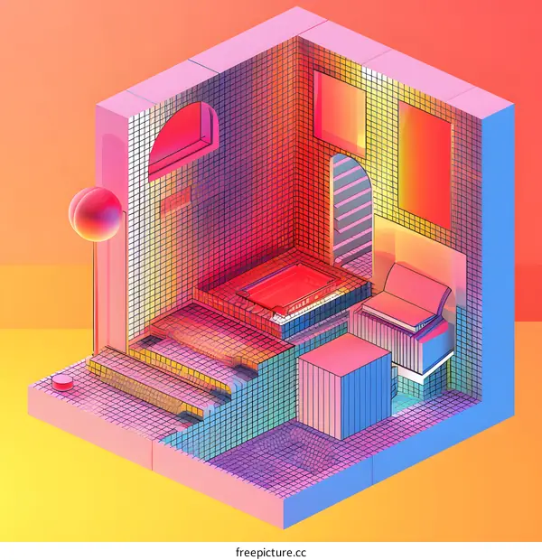 Abstract Geometric Room with Colorful Tiles and a Sphere