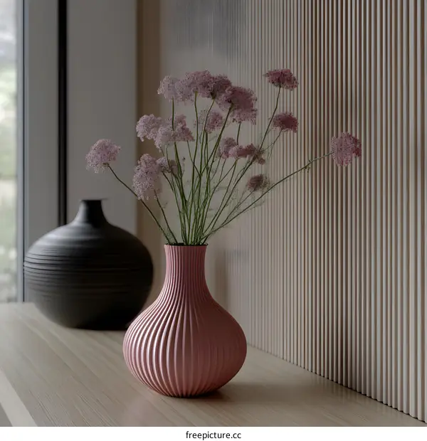 Pink Vase with Flowers on Wooden Tabletop
