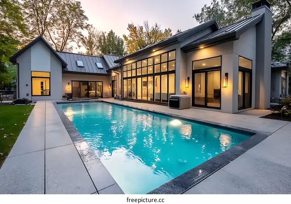 Modern House Backyard Swimming Pool at Dusk