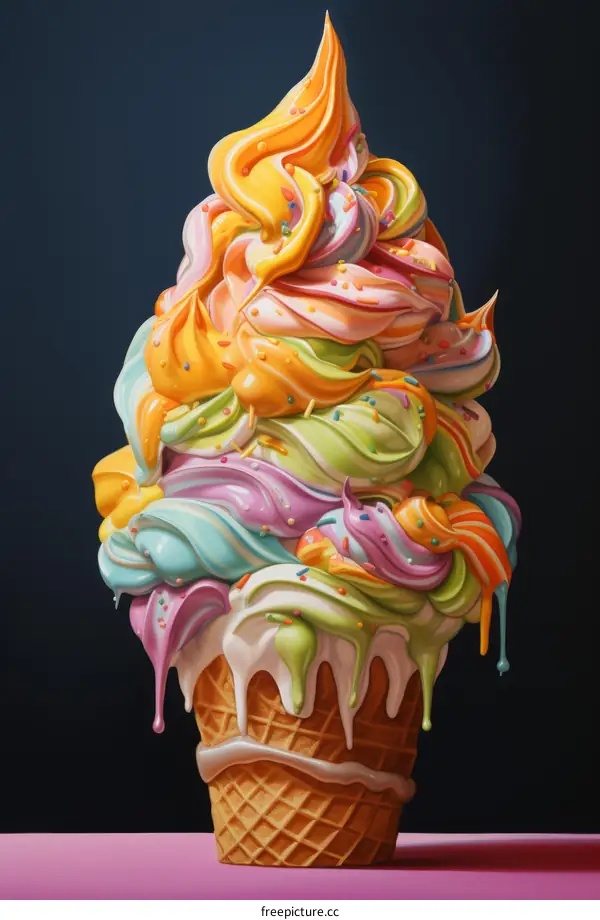 Ice cream cone with rainbow frosting and sprinkles