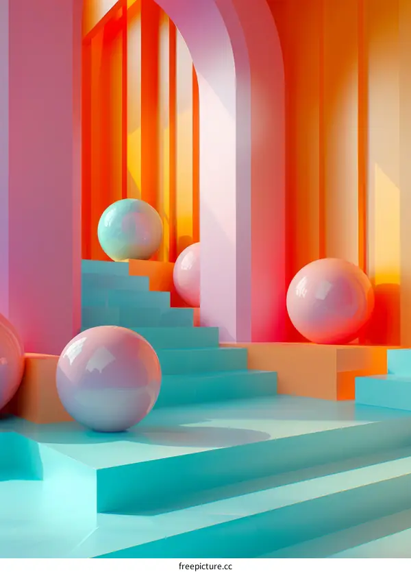 3D rendering of a surreal geometric space with pink and blue spheres