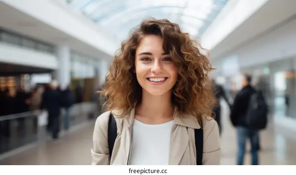 Portrait of a young woman smiling in a shopping mall