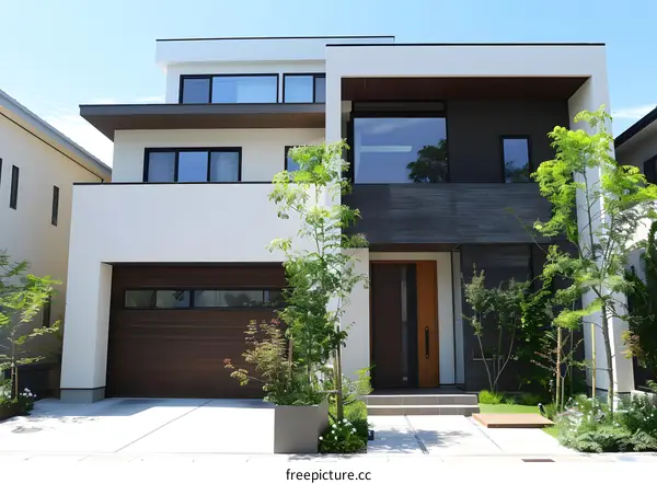 Modern Two Story House with Garage and Front Yard
