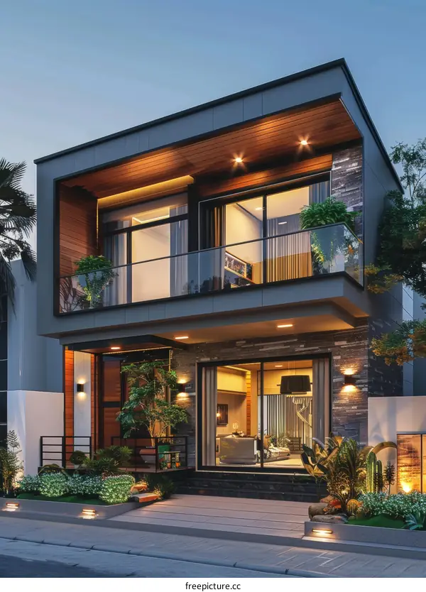 Modern Exterior Design of a Two-Story House at Dusk