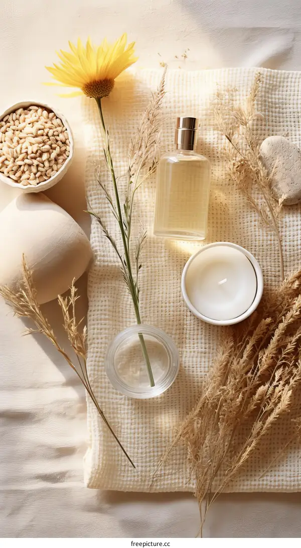 An arrangement of a flower, a candle, wheat, and a perfume bottle on a beige cloth