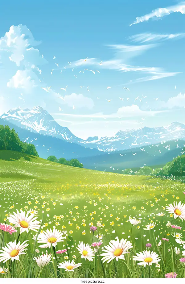 Beautiful Spring Meadow with Snowy Mountains and Birds