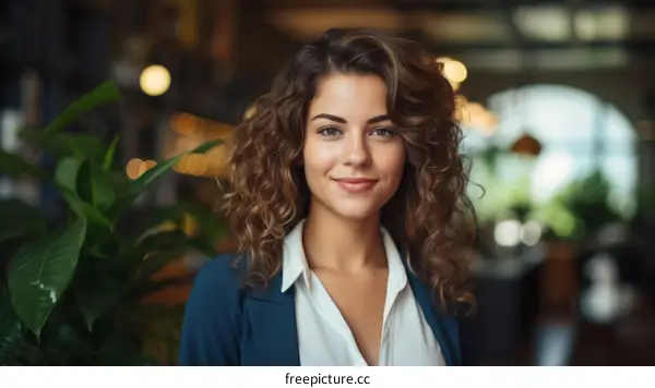 Portrait of a young woman with curly hair smiling in a restaurant