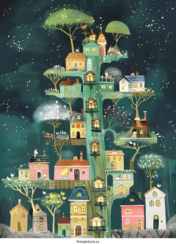 Dreamy Treehouse Village Illustration