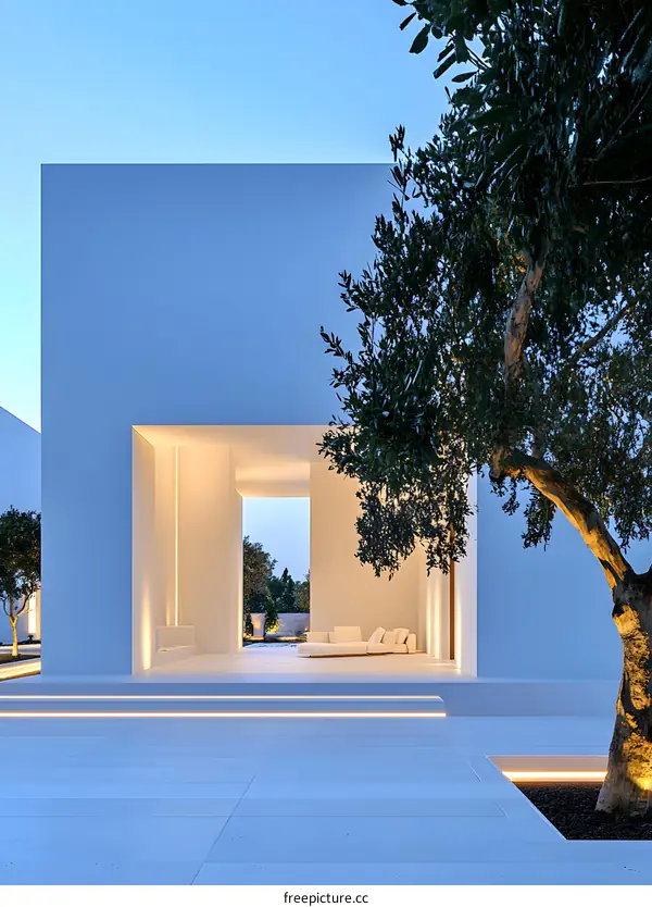 Modern Minimalist Architecture with Olive Tree and Evening Sky