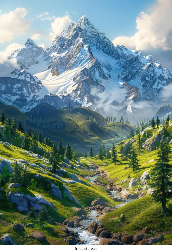 Majestic Snow Capped Mountain Range with River Valley