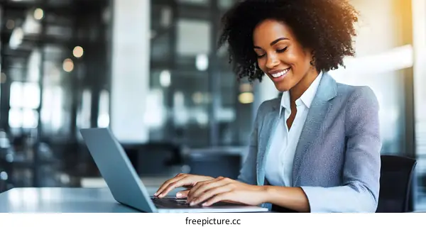 Smiling African American Businesswoman Working on Laptop in Office