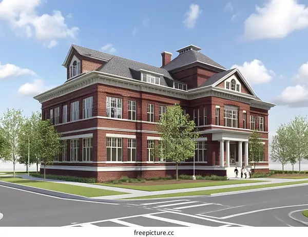 Traditional Brick Building With White Columns