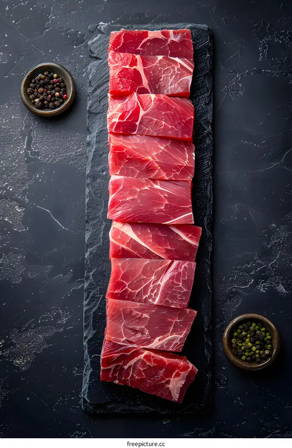 Fresh raw meat, beef cubes on black background