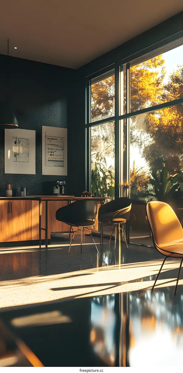 Modern Interior Design with Black Walls and Large Windows