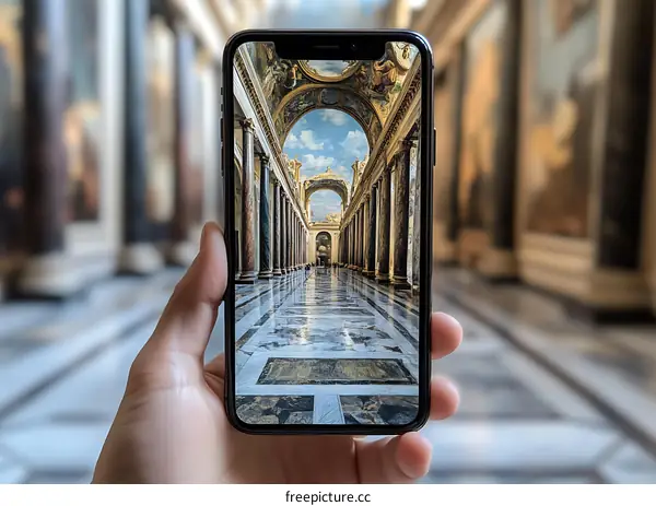 Hand Holding Smartphone With  Photo of Interior of a Parisian Church